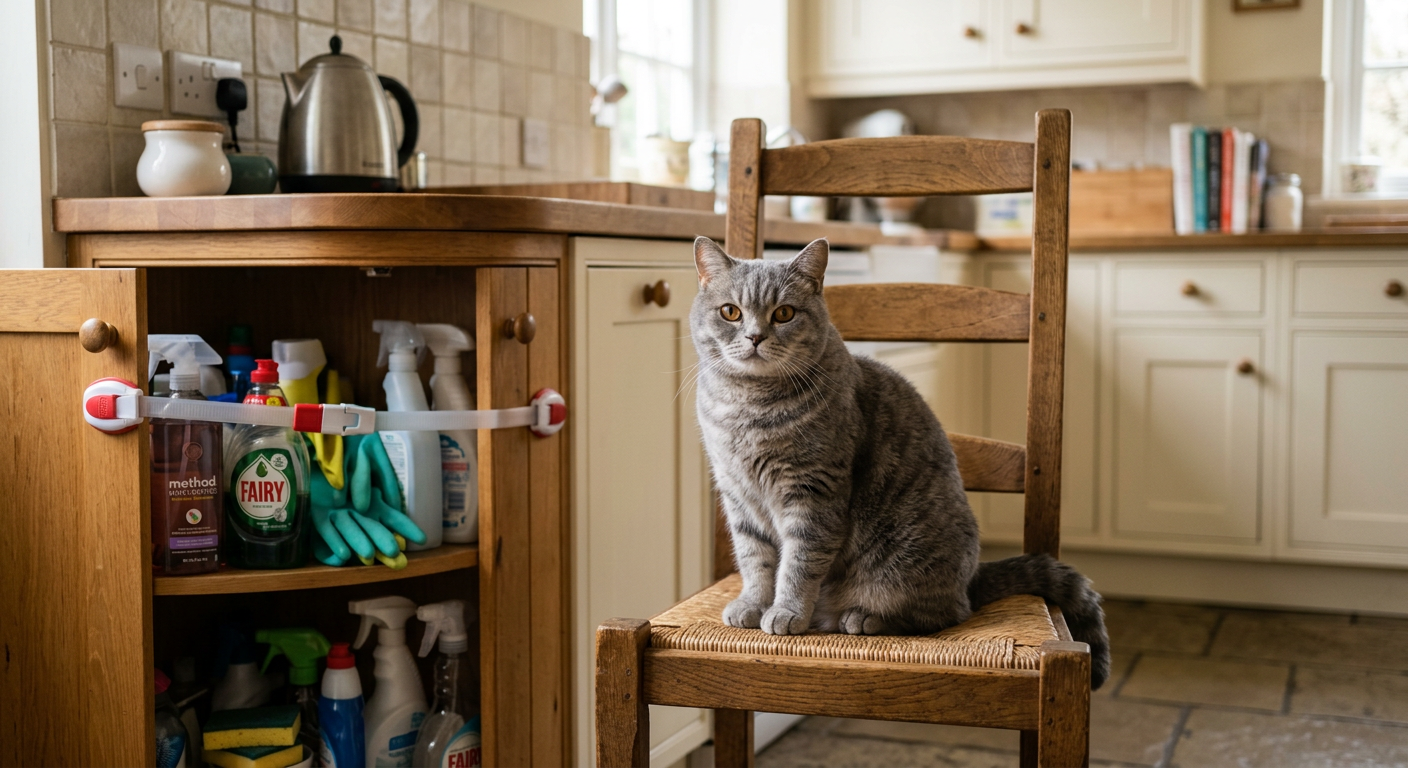 A neat kitchen counter with closed cabinets and a cat sitting safely away from cleaning supplies.