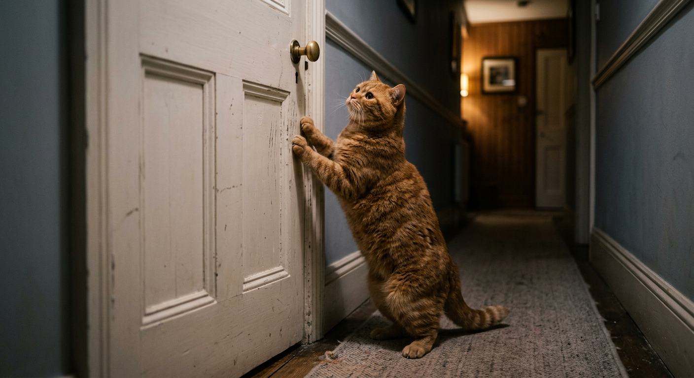 A frustrated ginger Tabby cat scratching at a closed white bedroom door in a dark hallway.
