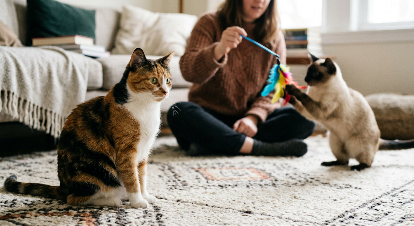 A person playing with a Siamese cat using a feather wand toy in a sunny living room.