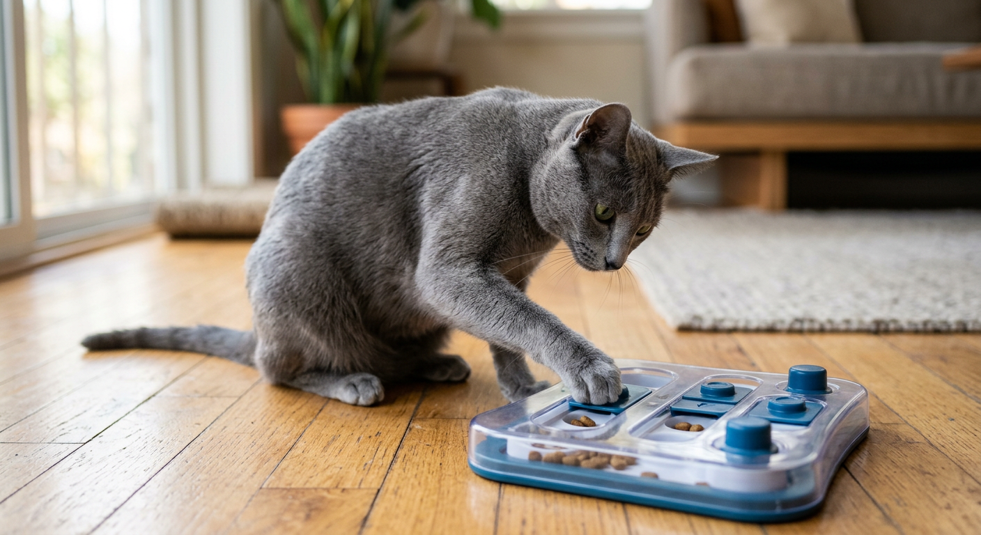 A Russian Blue cat playing with a food puzzle toy on a wooden floor.