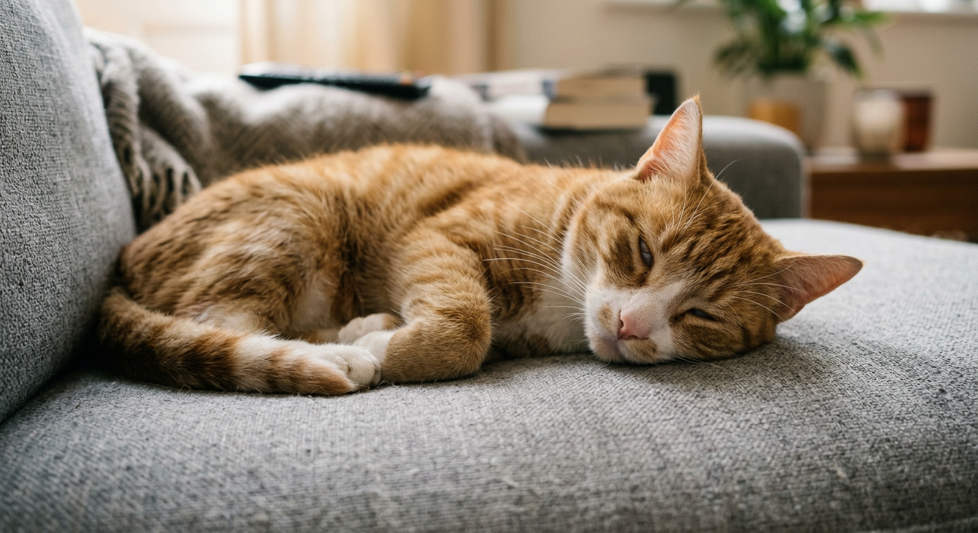 A ginger tabby cat napping on a sofa with its eyes slightly open showing the third eyelid.