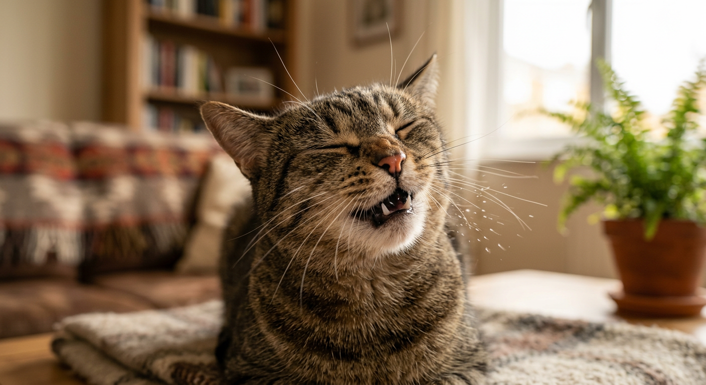 A fluffy ginger cat mid-sneeze with its eyes closed on a soft grey sofa.