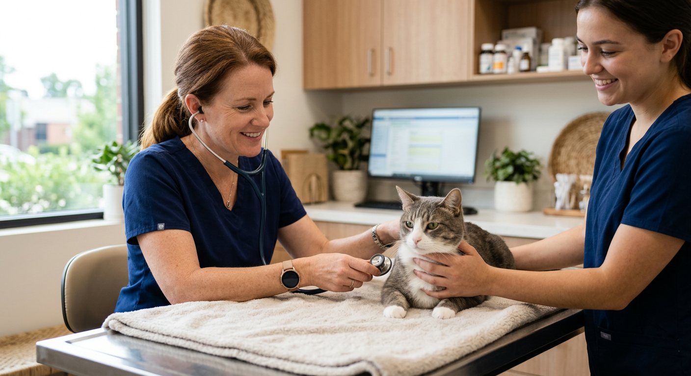 A veterinarian gently examining a cat's nose and eyes during a wellness checkup.