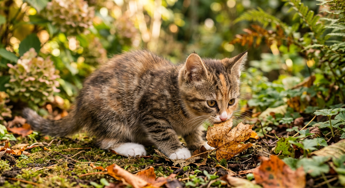 A small kitten sniffing a green houseplant in a sunlit window.