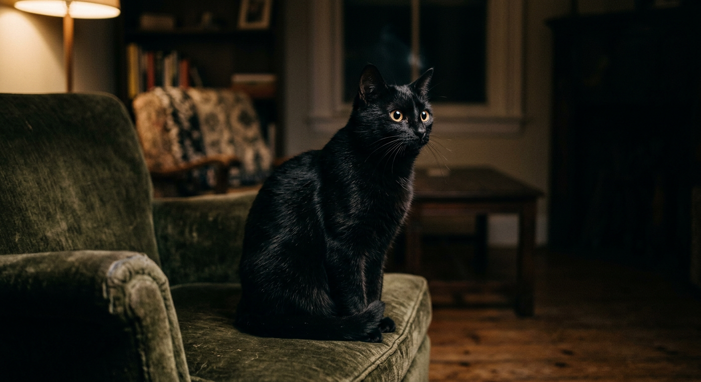A sleek Siamese cat sitting on the floor staring intently into a shadowed room corner at night.