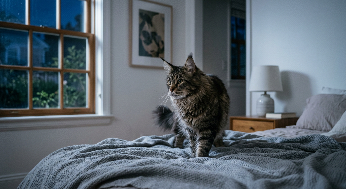 A fluffy tabby cat tilting its head while looking at a bedroom wall in the dark.