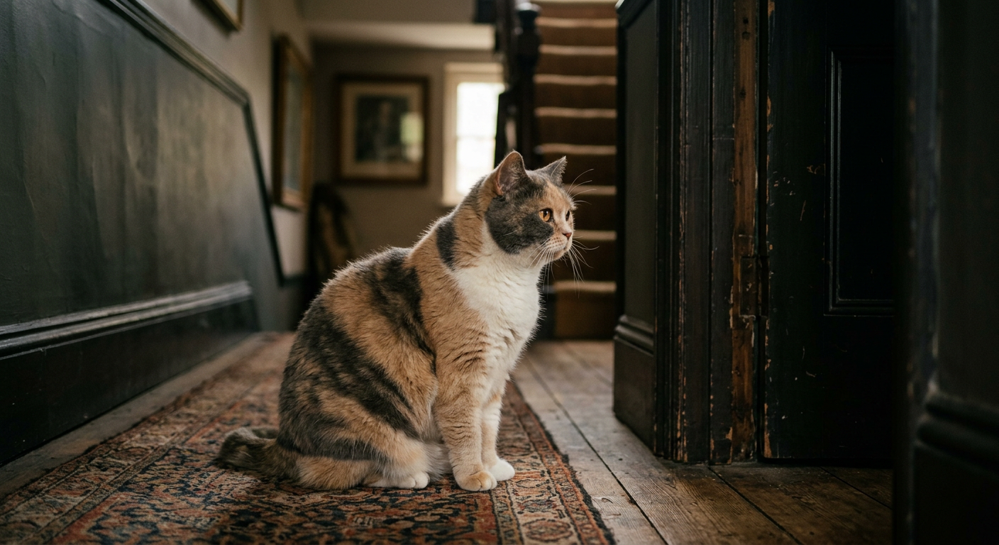 An older calico cat sitting calmly in a hallway at night looking toward a shadow.