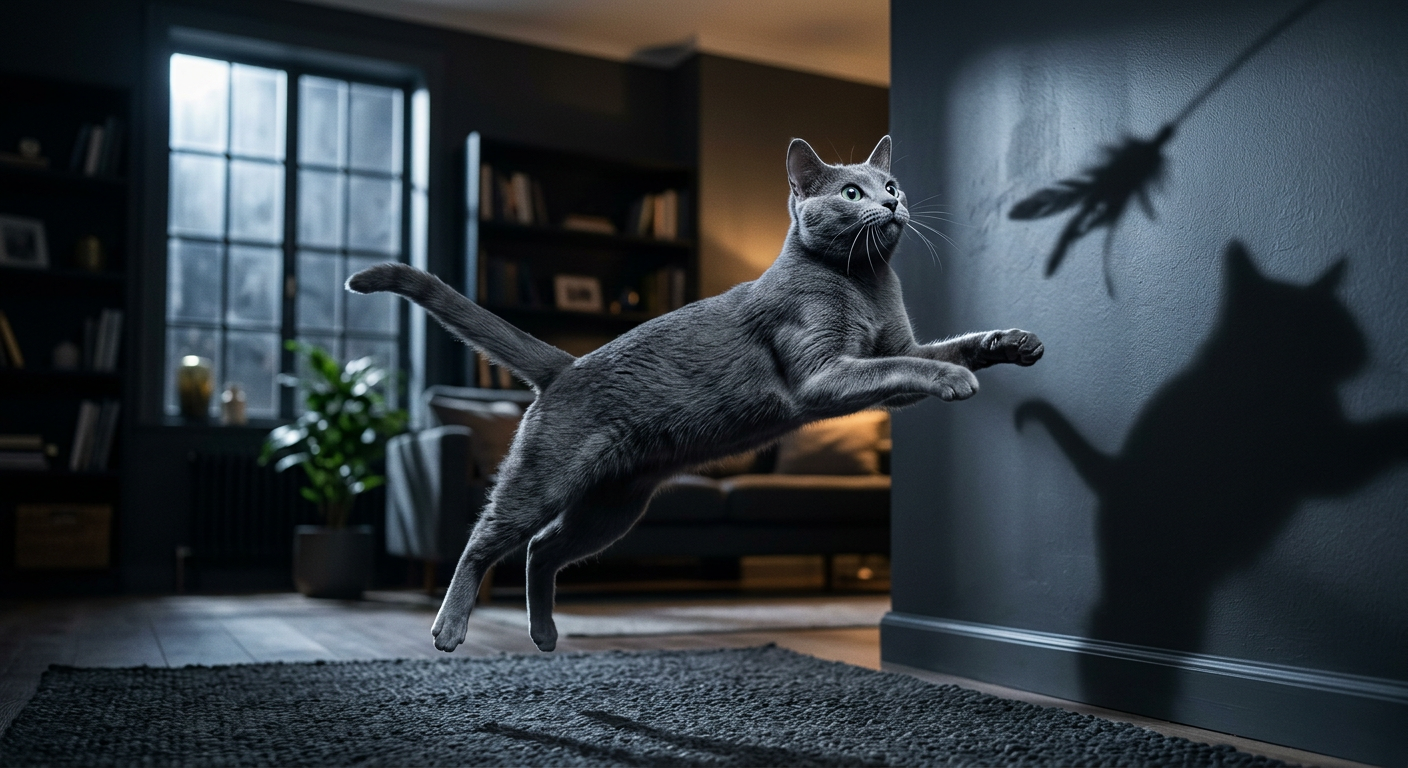 An energetic domestic shorthair cat leaping through the air in a dimly lit living room at night.