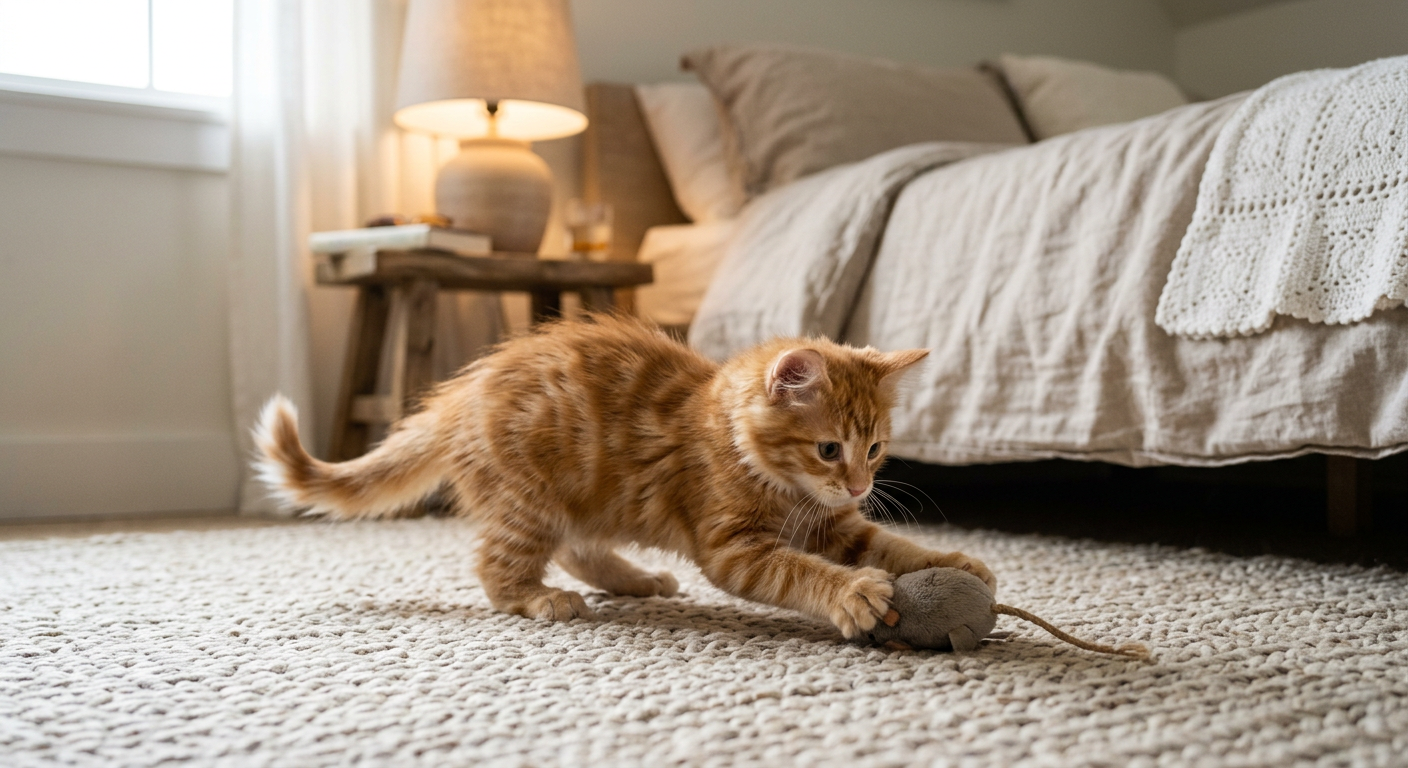 A small orange kitten pouncing on a soft toy in a bedroom during the night.