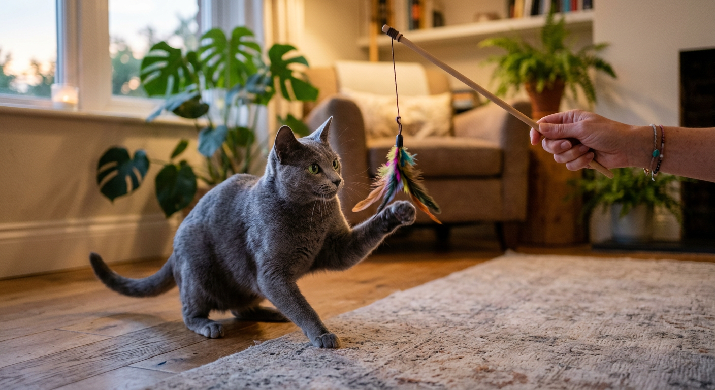 A person using a feather wand toy to play with a grey cat on a carpeted floor.