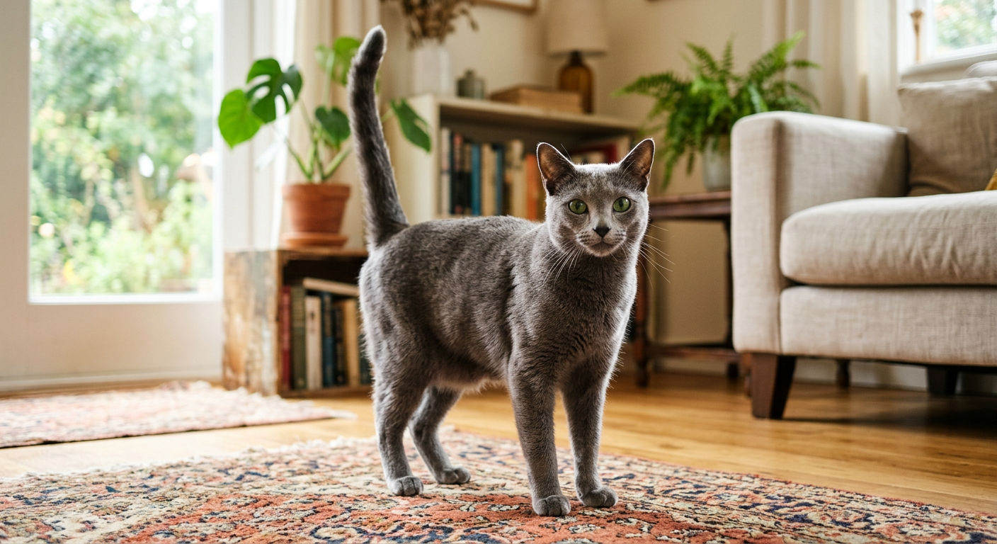 A sleek Russian Blue cat standing tall with its tail held high in a friendly greeting.
