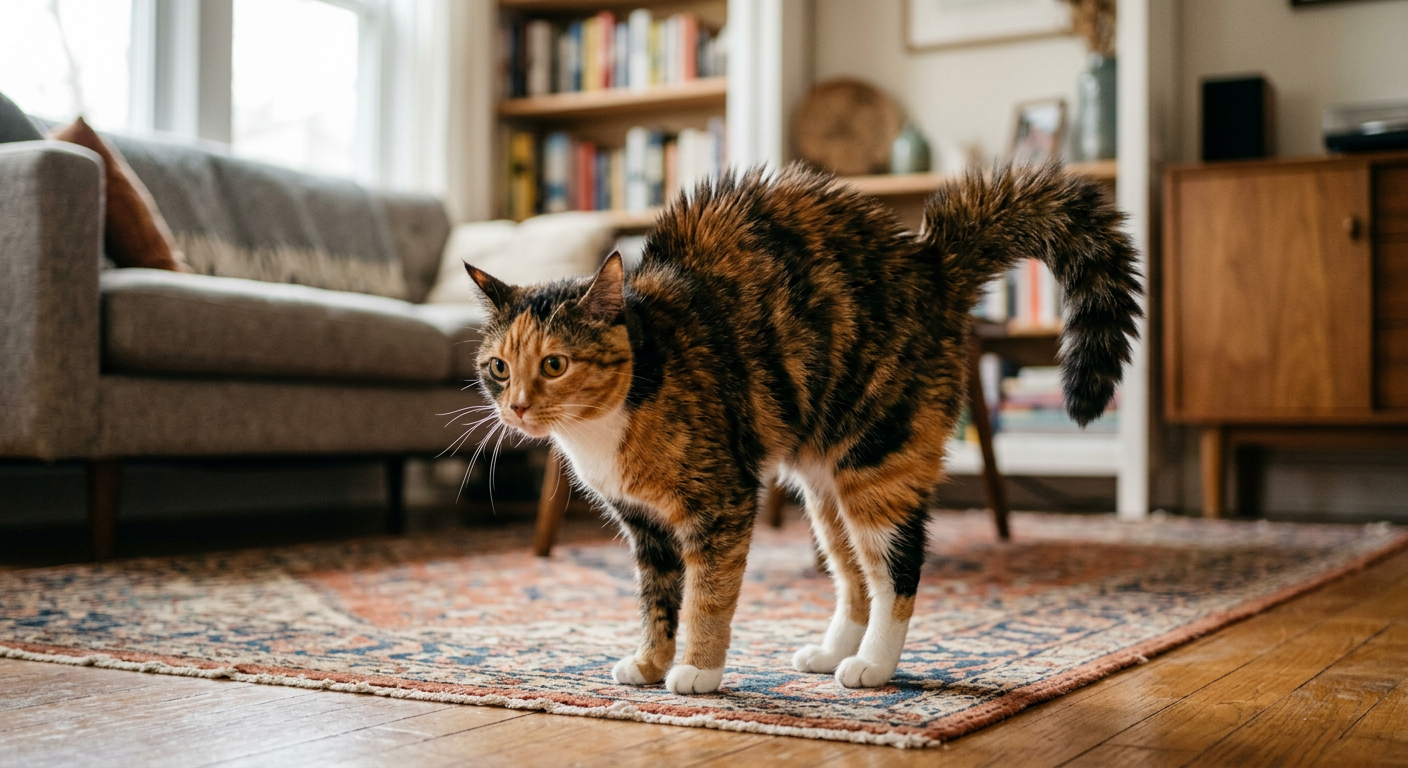 A tortoiseshell cat with a puffed-up tail looking startled in a hallway.