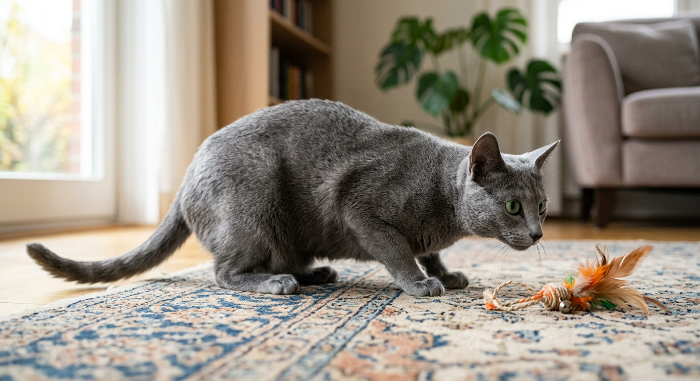 A Siamese cat crouched low observing a toy with a concentrated tail sway.
