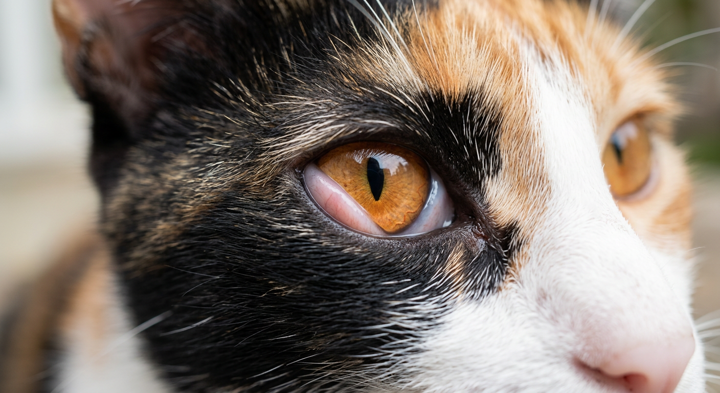 Close up of a domestic shorthair cat with a visible white nictitating membrane in the corner of its eye.