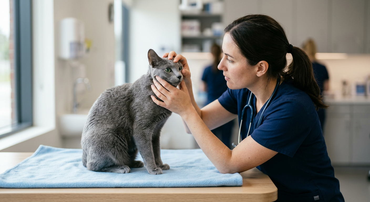 A Russian Blue cat sitting on an exam table while a vet looks at its eyes.
