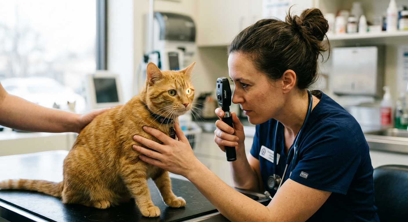 Professional veterinarian using a small light to check the eyes of a ginger cat.