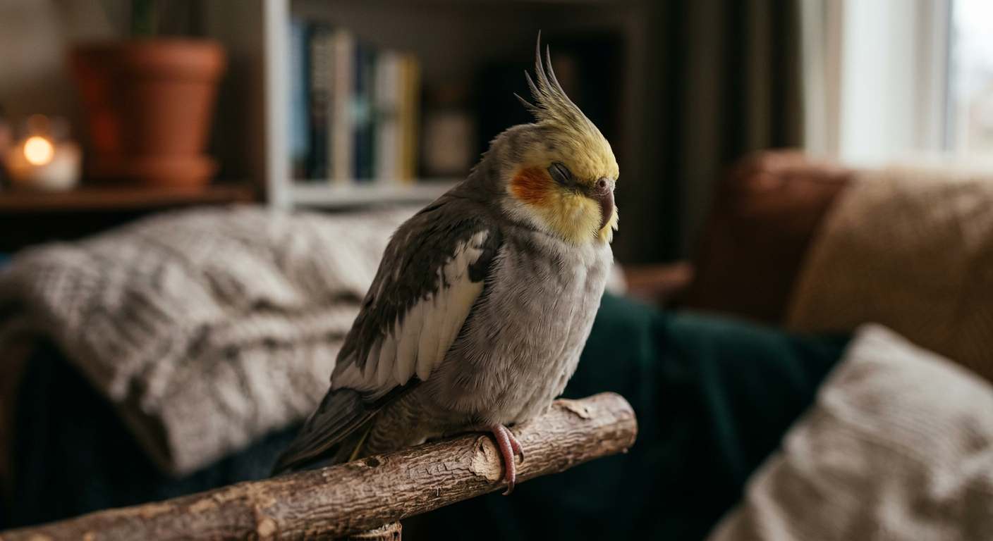 A peaceful grey and yellow cockatiel perched on a natural wood branch with its eyes closed, looking relaxed.