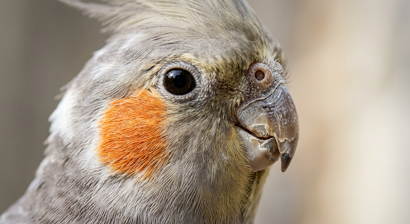 Close-up of a cockatiel beak showing the upper and lower mandible structure clearly.