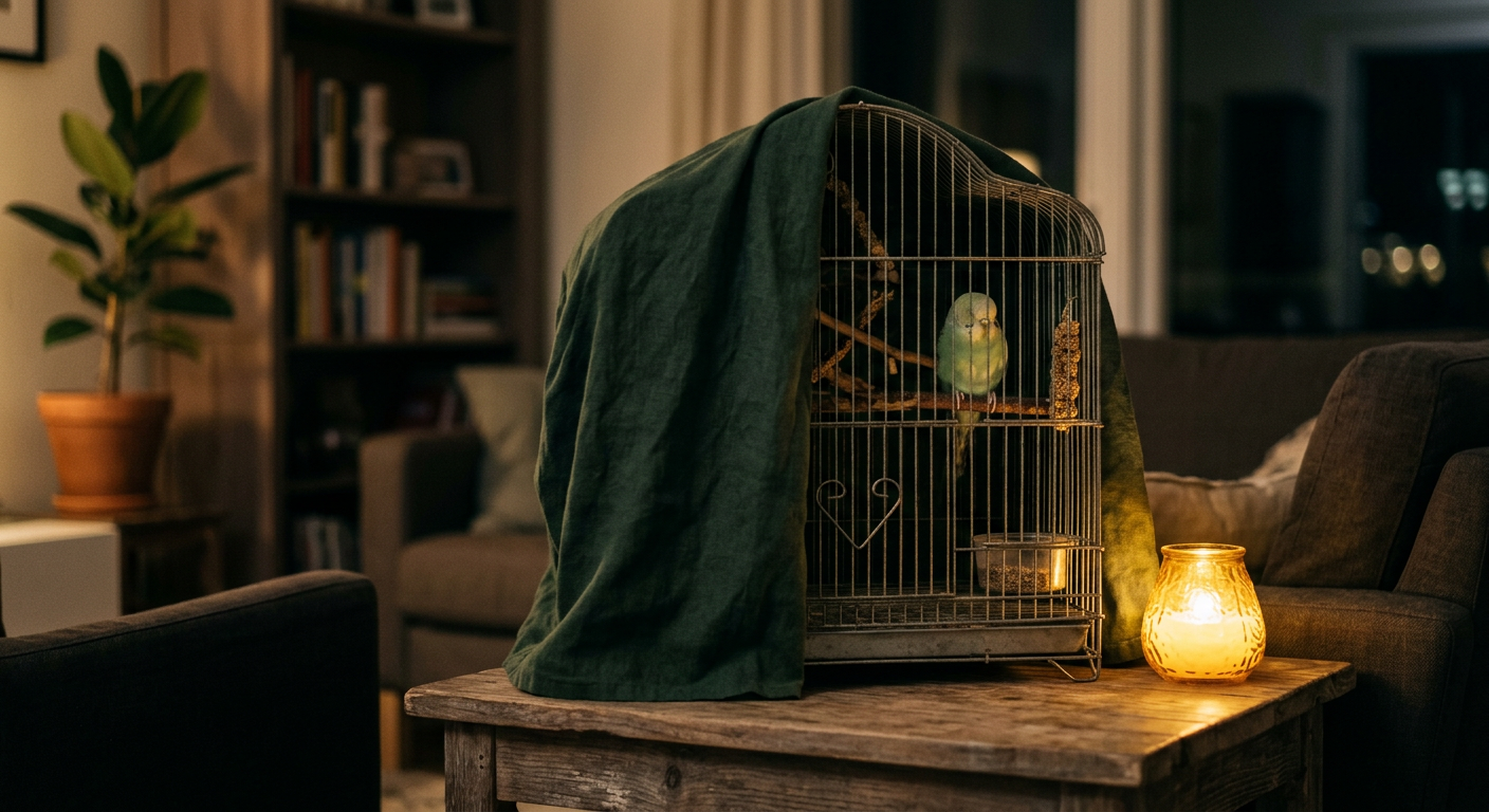 A cockatiel cage covered with a dark blue cloth in a quiet room at night.