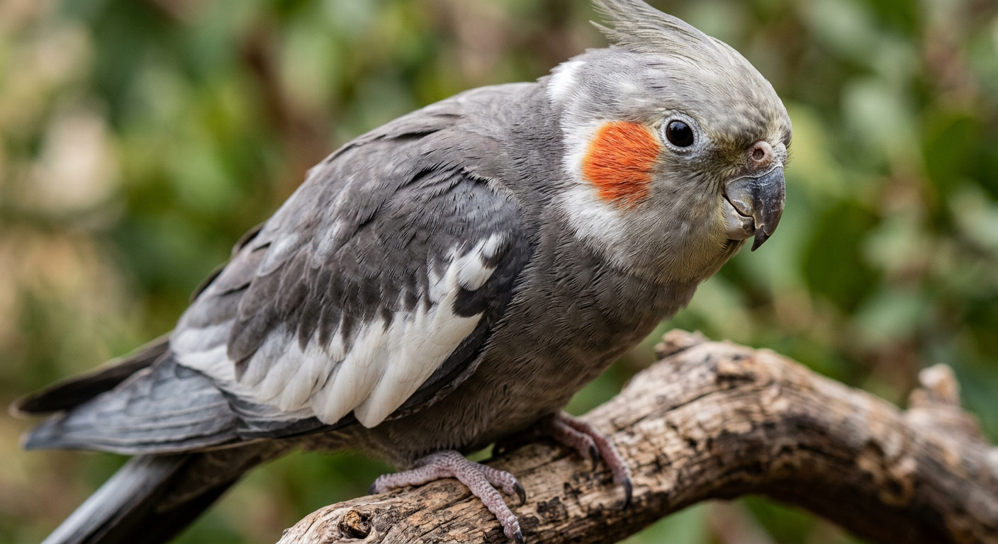 A closeup of a grey and orange cockatiel perched on a wooden branch with one eye partially squinting.