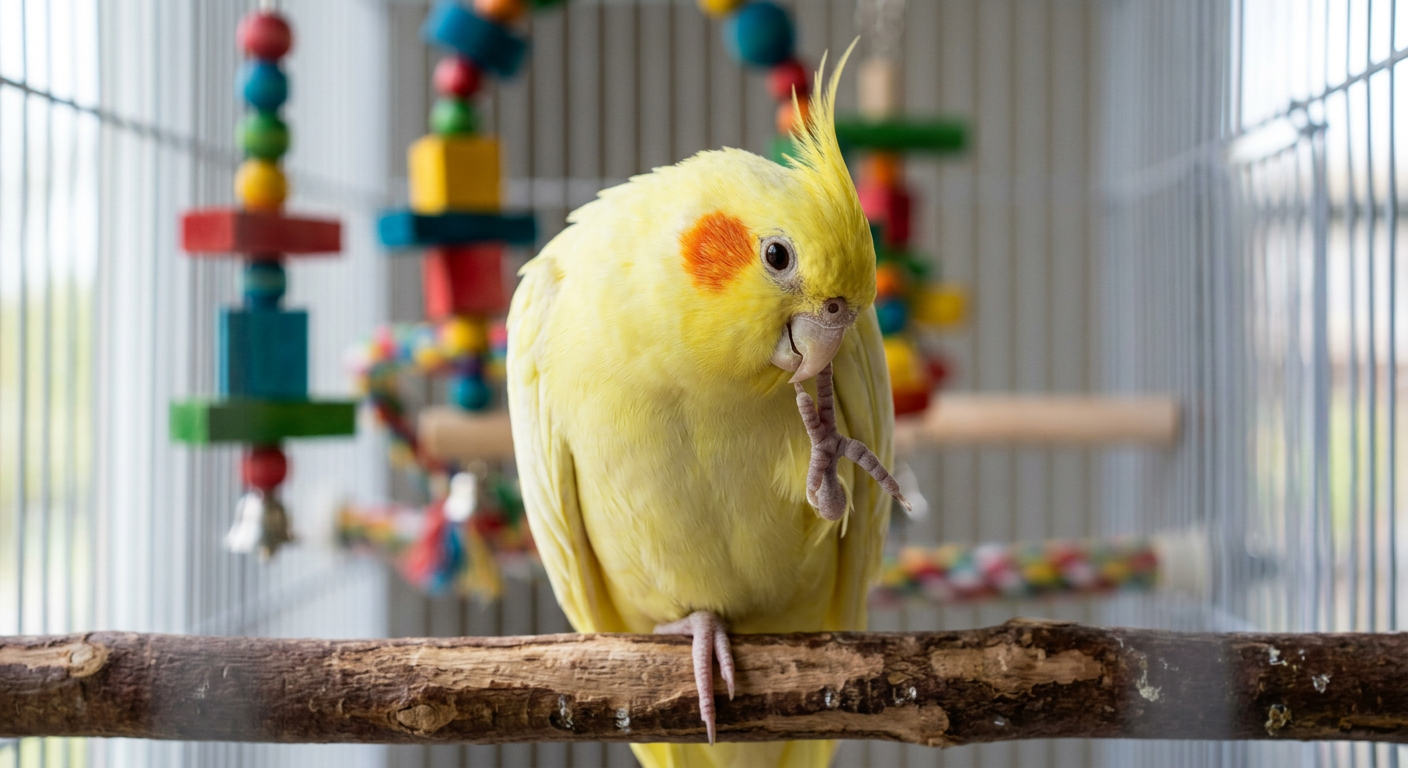 A yellow lutino cockatiel grooming its feathers near its eye with its foot.