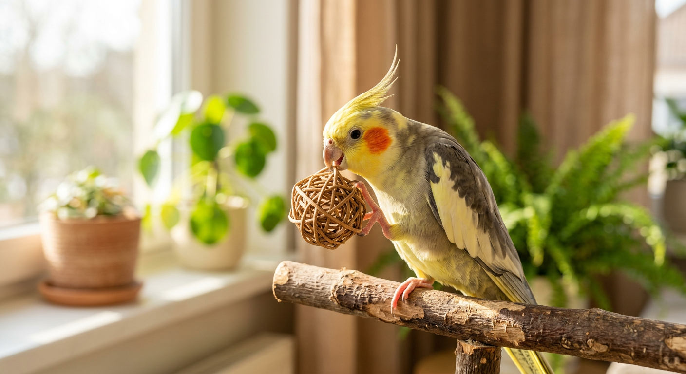 A happy cockatiel bird playing with a wicker ball toy inside a sunny cage.