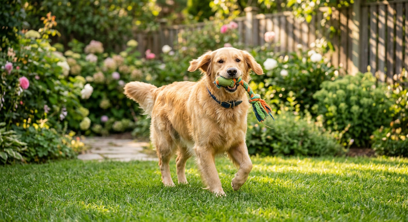 A happy Golden Retriever carrying a blue tennis ball in its mouth while walking in a park.