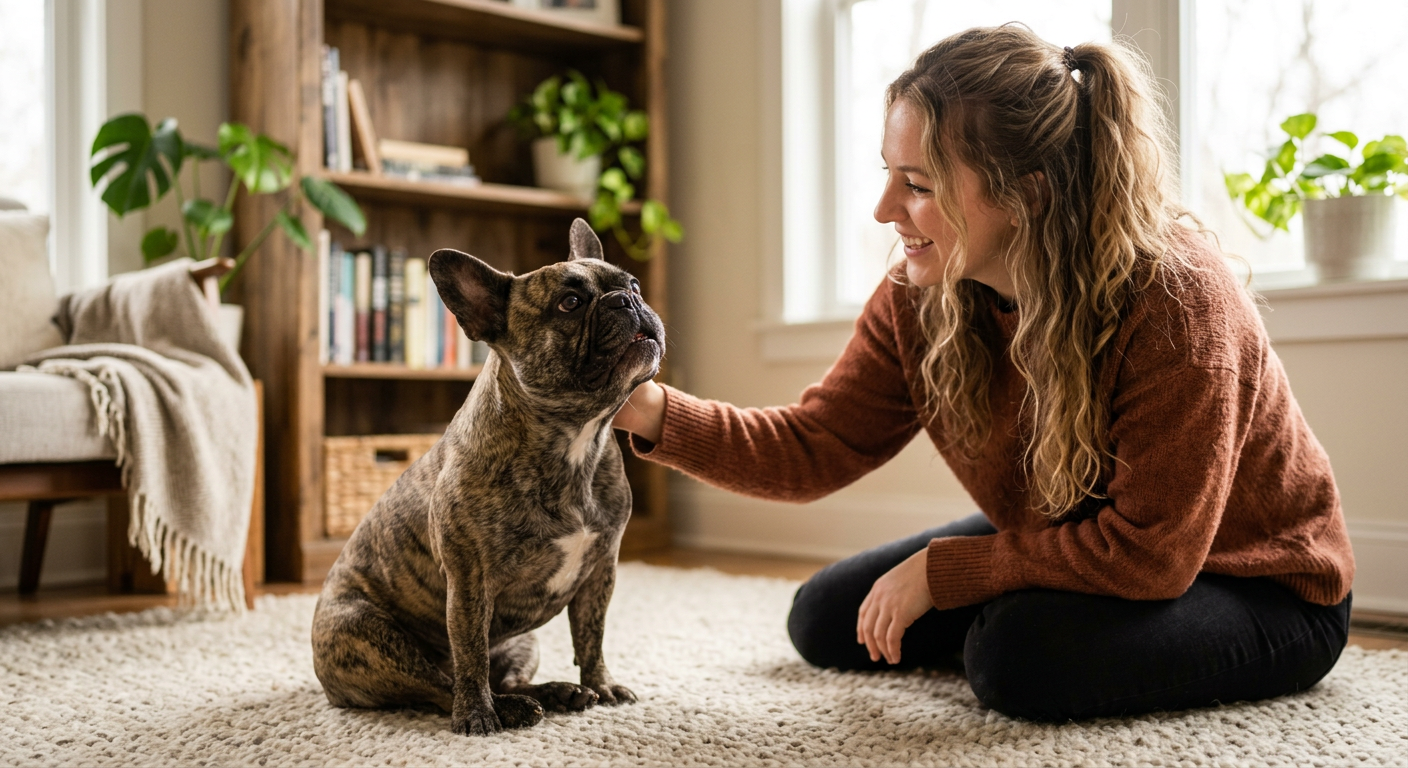 A French Bulldog sitting on a rug and looking up with an expressive, vocal expression.