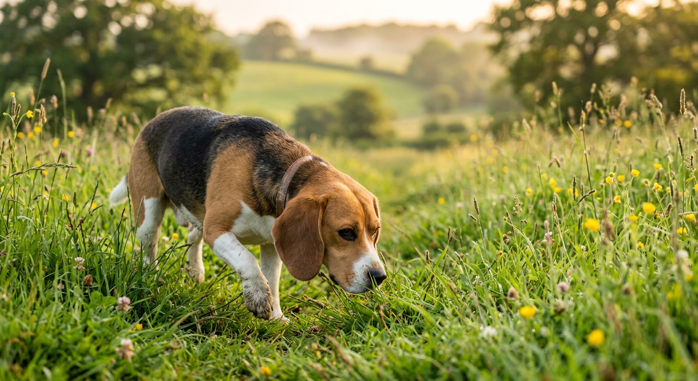 A Beagle with its nose to the ground following a scent trail through green grass.