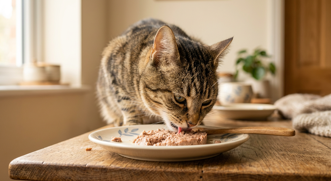 A wide, shallow ceramic cat bowl being used by a cat to prevent whisker fatigue during mealtime.