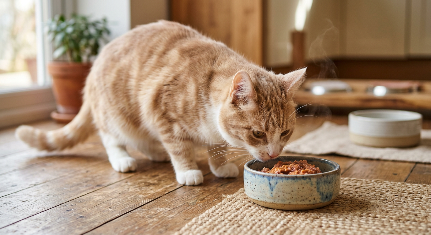 A domestic cat sniffing its food bowl intently to check the temperature and aroma before eating.