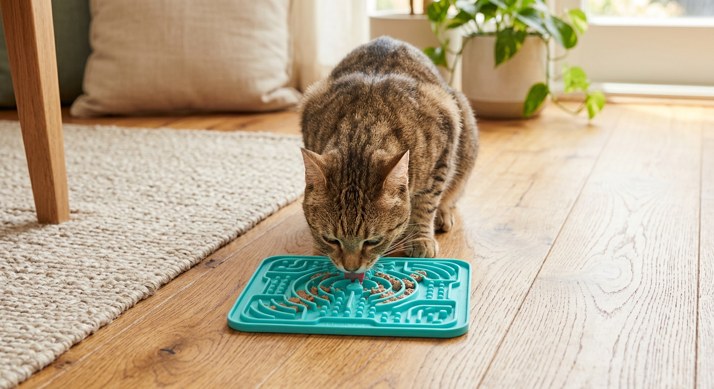 A cat using a silicone slow-feeder mat with ridges to eat small amounts of wet food slowly.