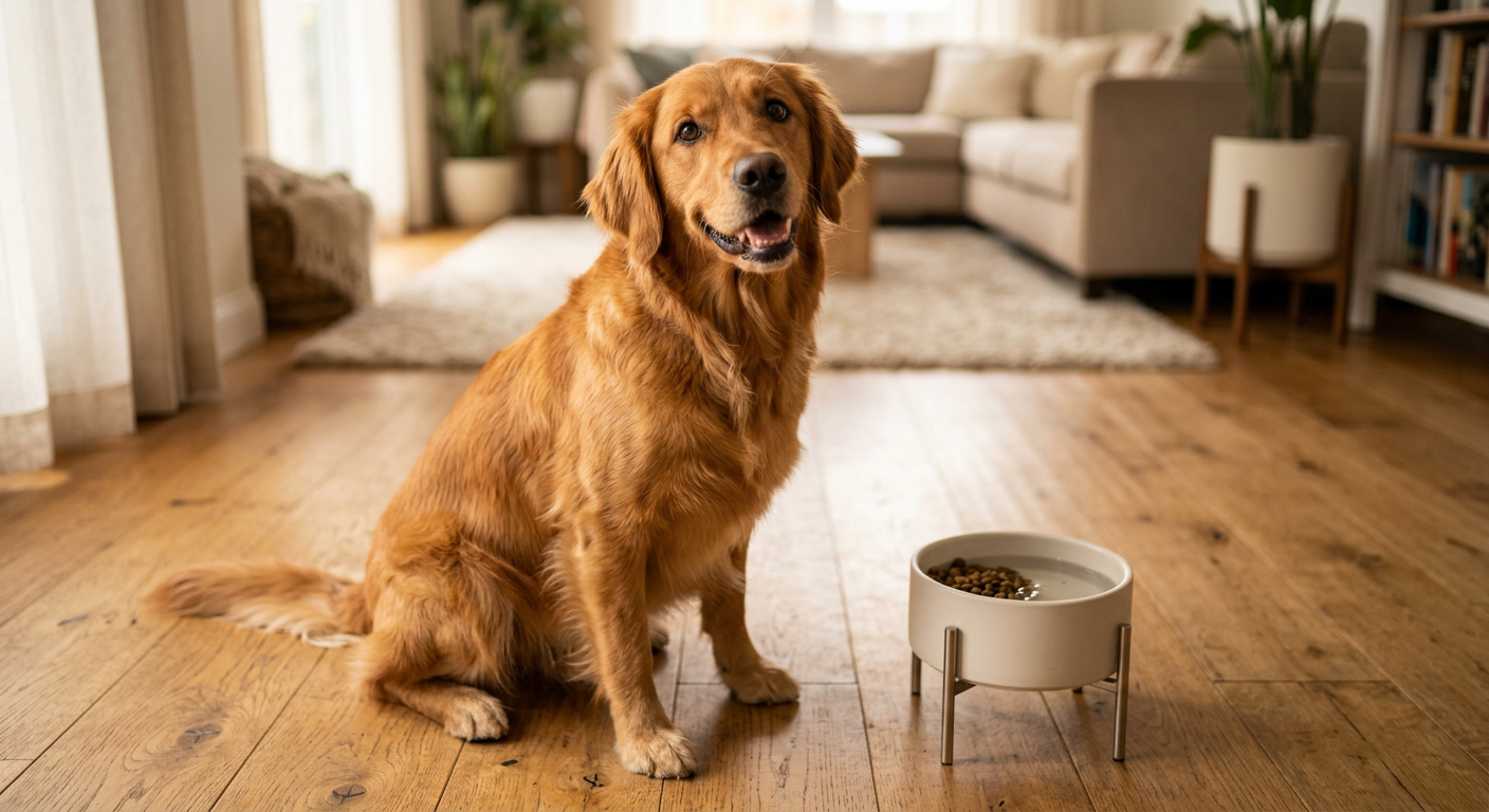 A Golden Retriever sitting patiently by a food bowl, representing healthy canine eating habits and anticipation.