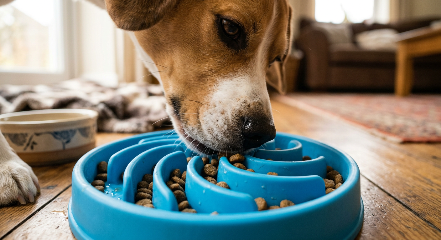 A close-up of a dog using a slow feeder bowl to promote healthy digestion and slower eating.