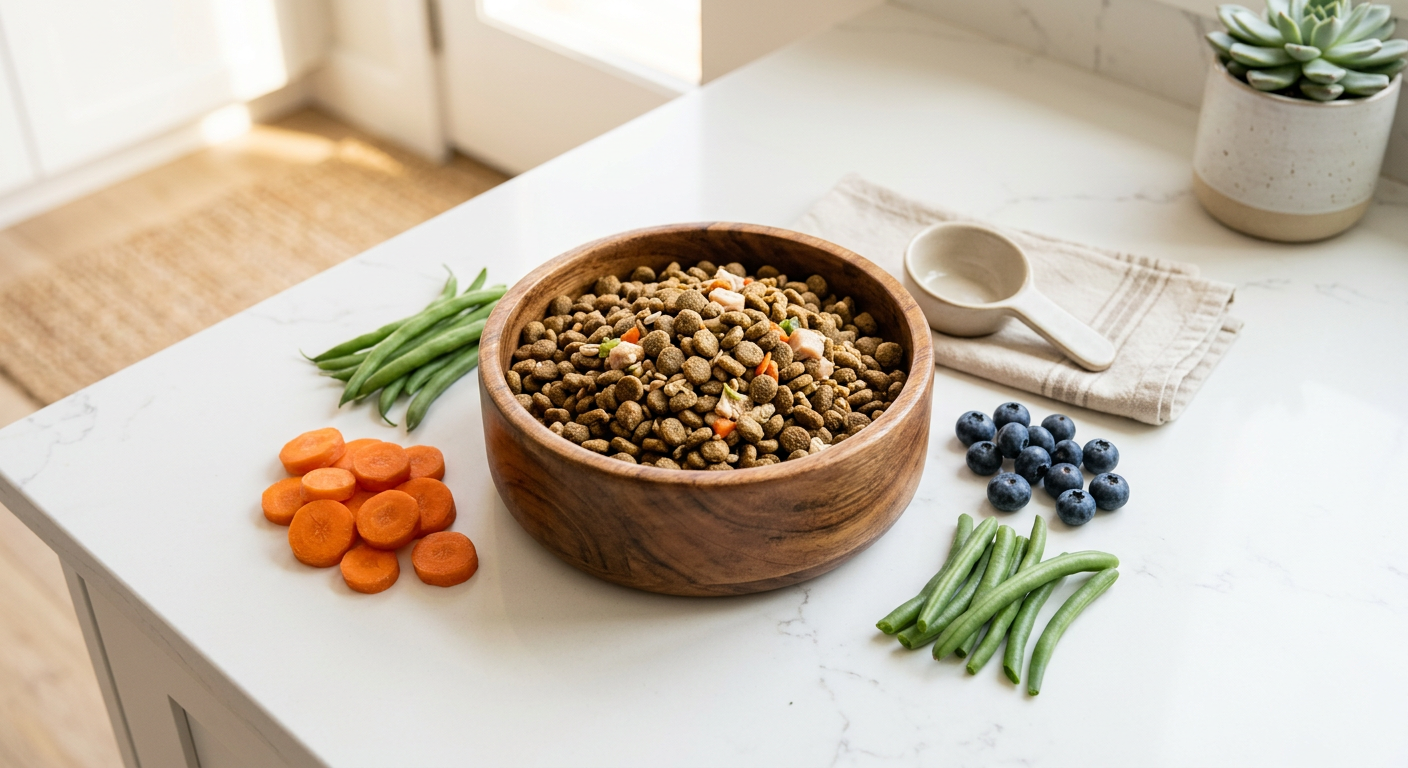 A variety of fresh vegetables and high-quality kibble arranged to represent optimal canine nutrition and wellness.