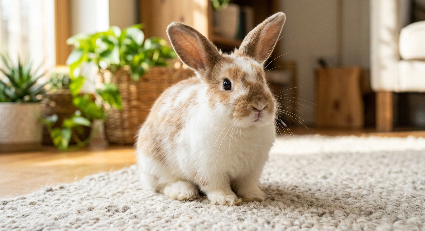 A Holland Lop rabbit with its ears forward and nose twitching in a sunlit living room.