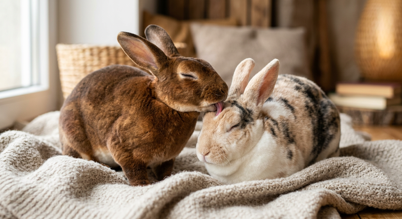 Two Rex rabbits grooming each other on a wooden floor to show social bonding.