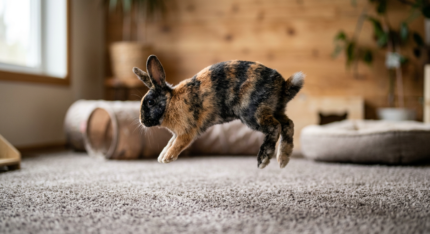 A Harlequin rabbit mid-binky jump in a spacious play area.