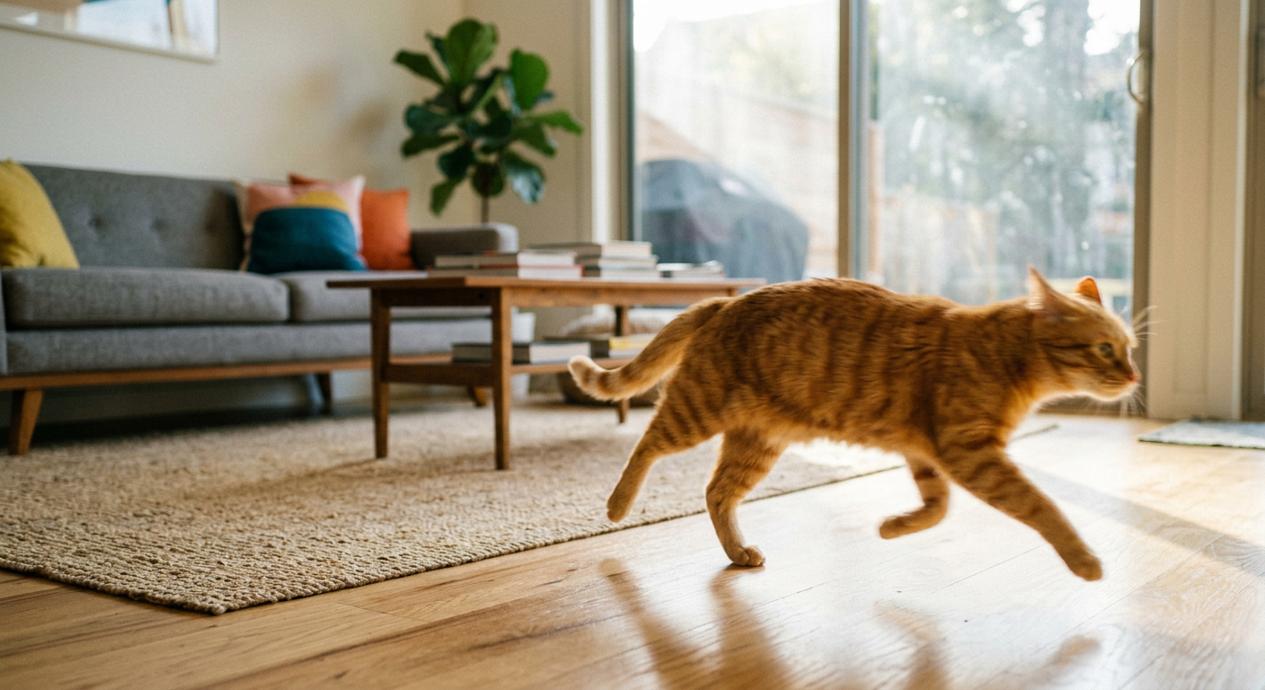 A ginger tabby cat mid-sprint across a wooden floor, looking energetic and playful.