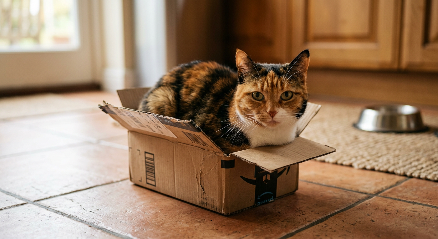 A fluffy Calico cat sitting inside a small cardboard shipping box looking satisfied.