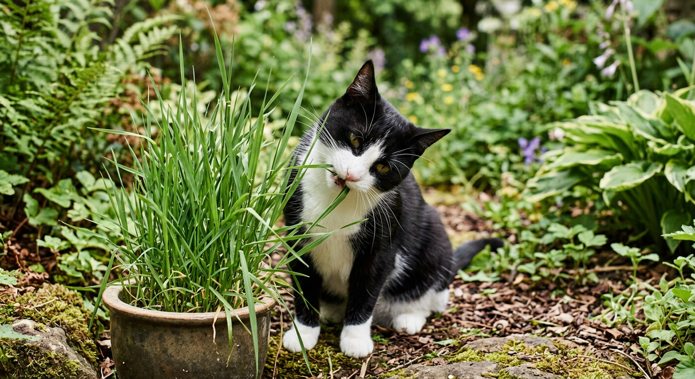 A sleek Siamese cat nibbling on a blade of green grass in a garden.