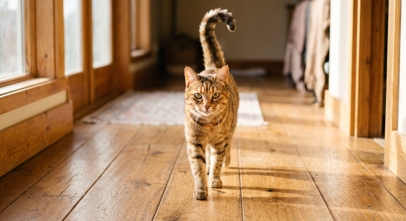 A domestic cat with its tail held high in a question mark shape, approaching its owner in a bright living room.