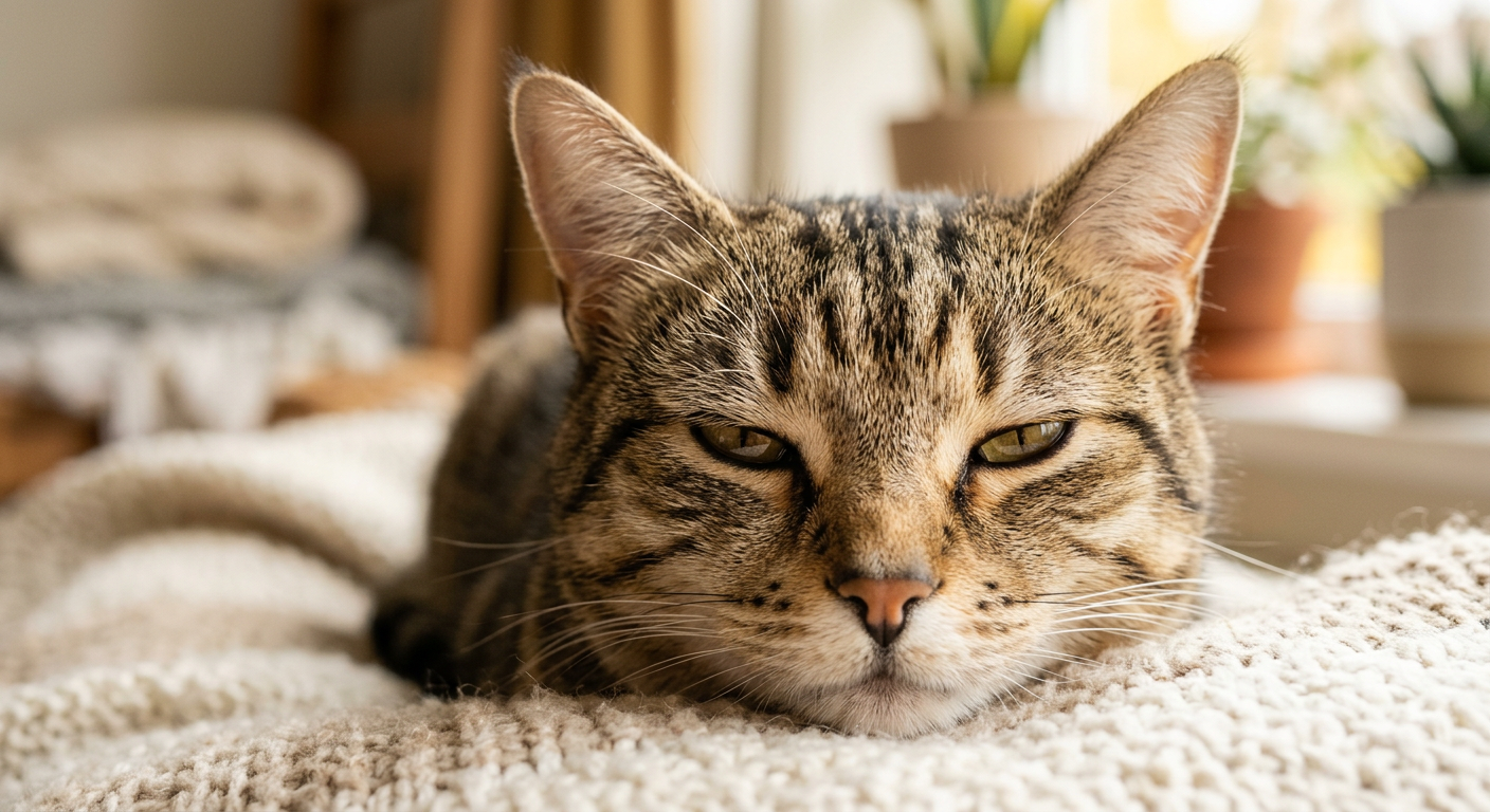 Close-up of a cat's face showing half-closed eyes during a slow blink, looking peaceful and relaxed.