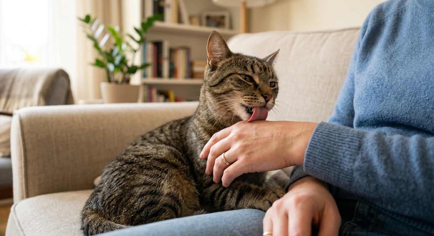 A cat gently licking its owner's hand, displaying a sign of social grooming and bonding.