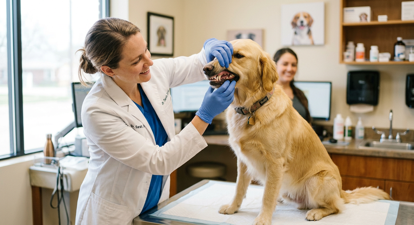 A veterinarian performing a gentle oral examination on a calm golden retriever in a clinic.