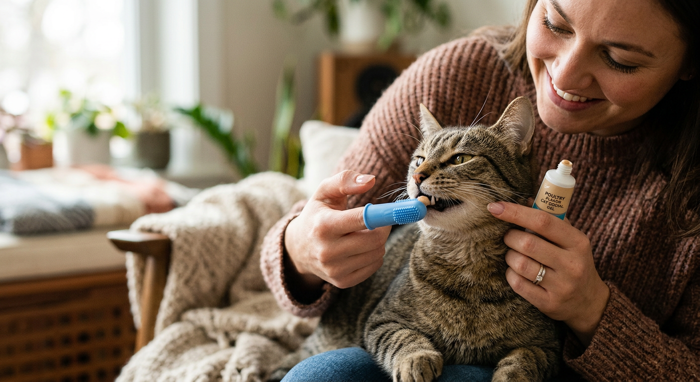 A person using a finger brush to clean the teeth of a small cat.