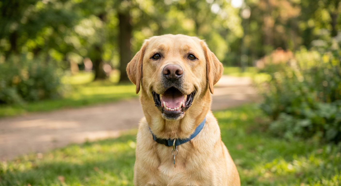 A happy dog showing white teeth and healthy pink gums while playing with a ball.