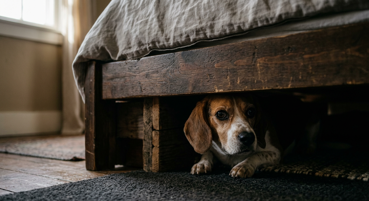 A shy Beagle dog peeking out from under a wooden bed frame in a dimly lit bedroom.