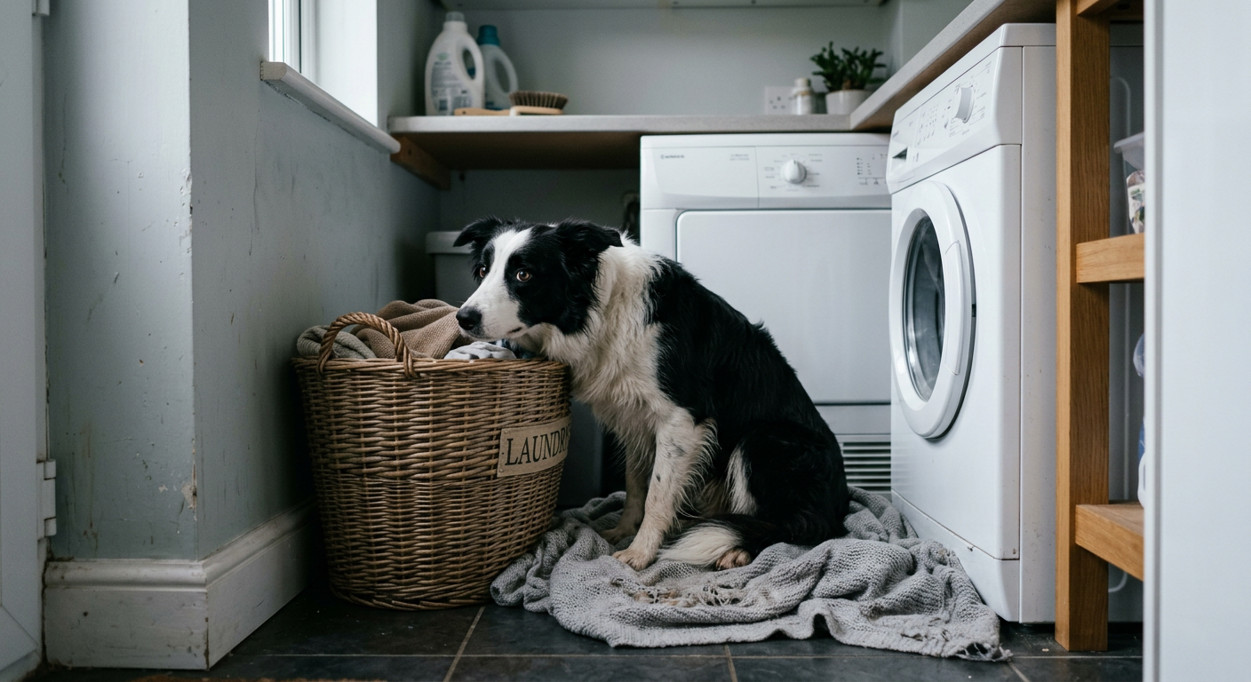 A nervous Border Collie sitting in a laundry room corner with a soft grey blanket.