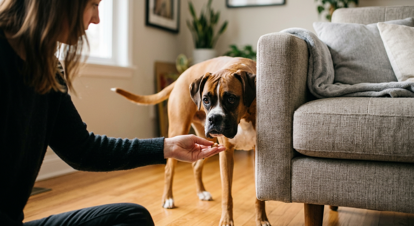 A pet owner offering a treat to a shy Boxer dog hiding behind a sofa.
